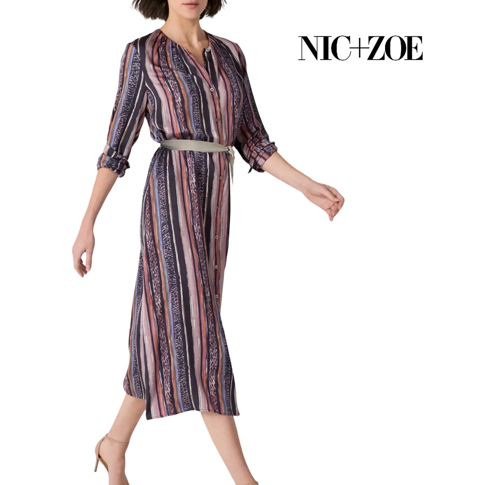 Nic+Zoe Loren Stripe Shirtdress Dress Earthtone Stripe Midi Mindfully Made